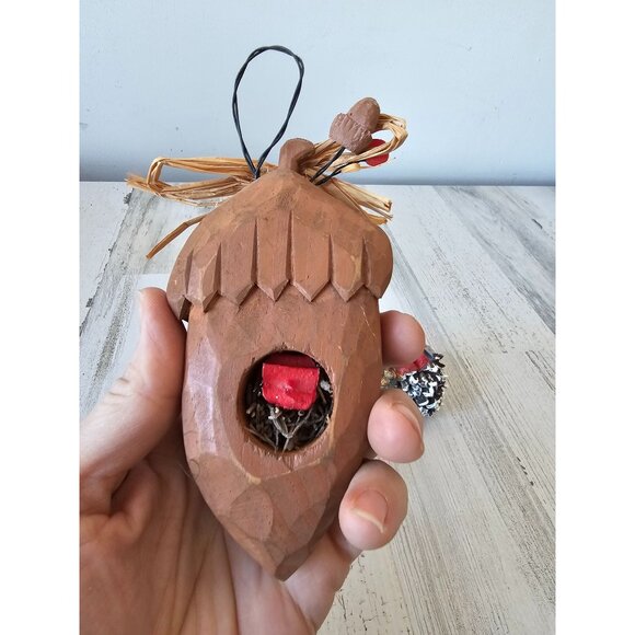 Cardinal bird ornament acorn pear set vintage nest unique birdhouse wooden - Picture 4 of 14
